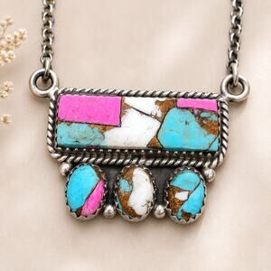 Vintage Sterling Silver Cotton Candy Turquoise Bar Necklace 17 Inch 925